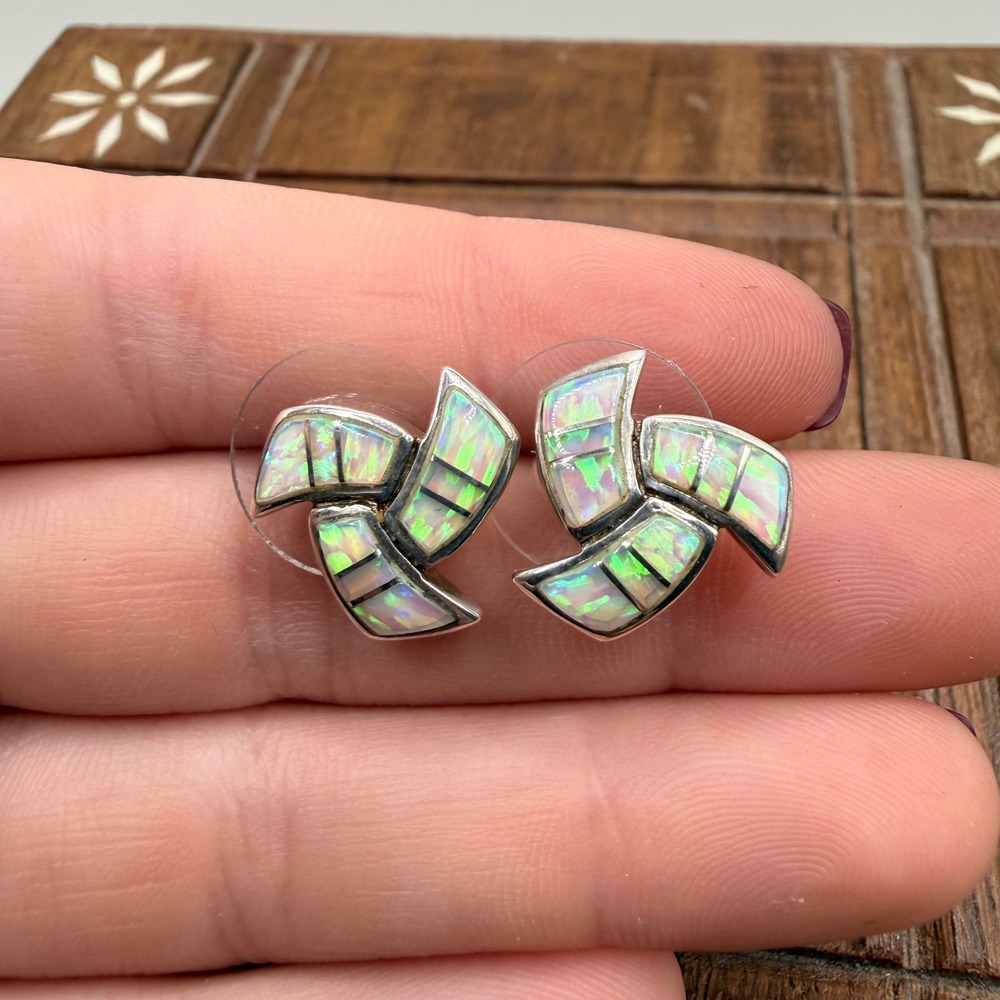 Sterling Silver Inlay Earrings White Opal Pinwheel Studs Christmas Gift Ideas